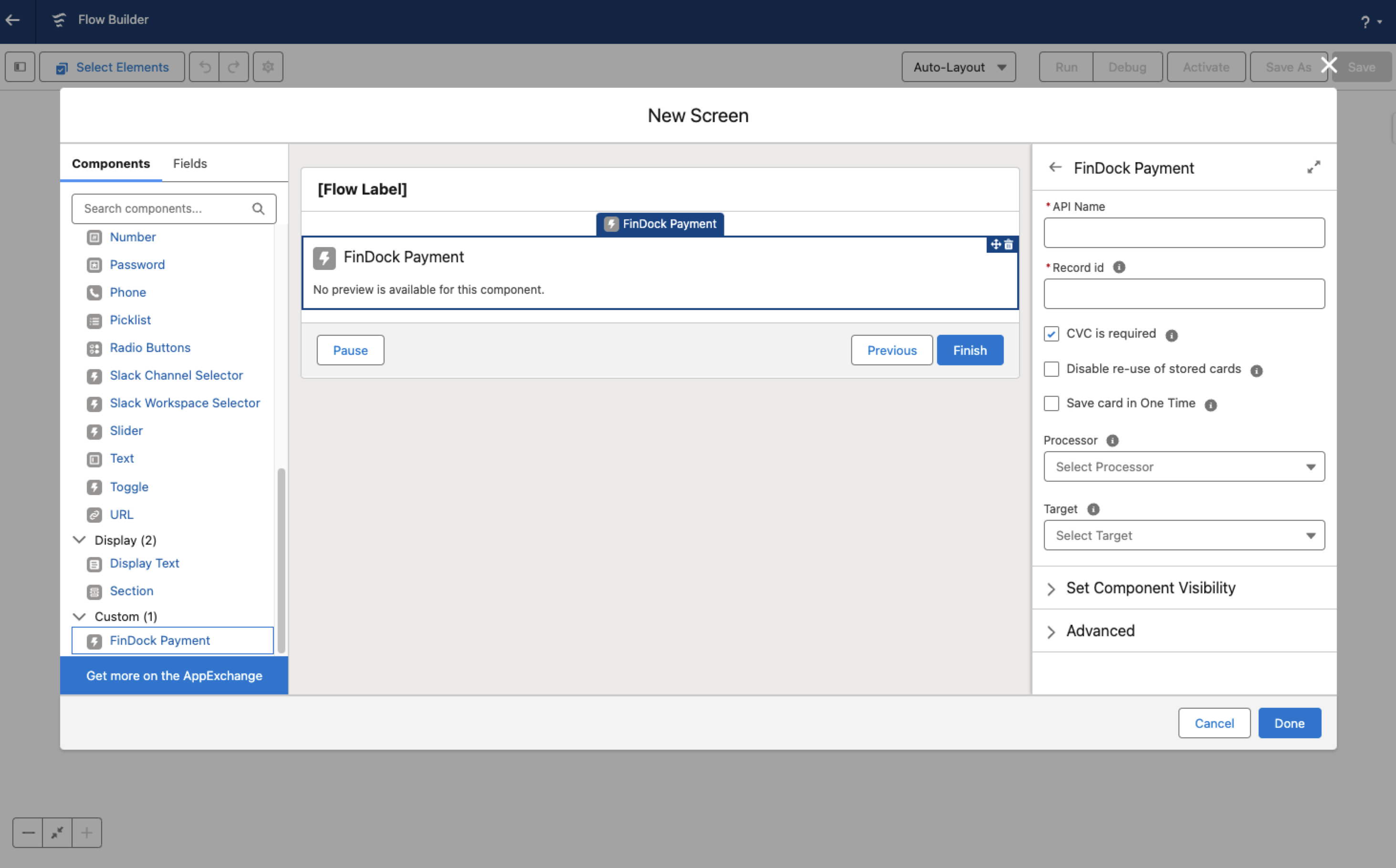 FinDock Payment component in a Flow