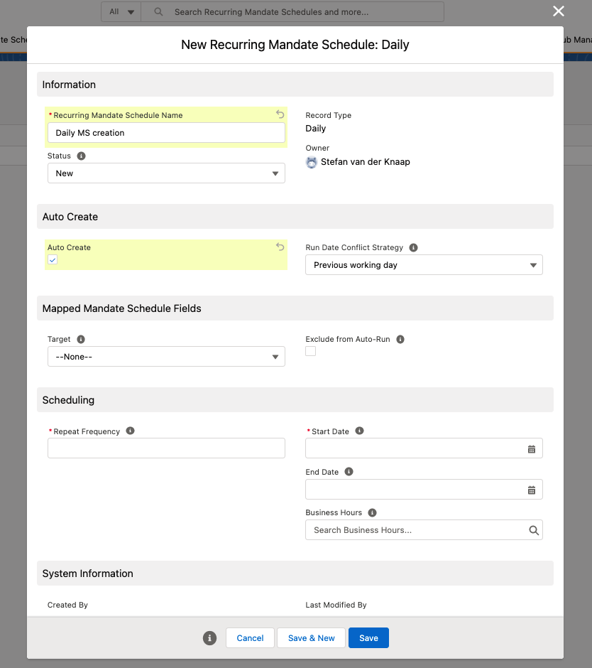 New recurring mandate schedule