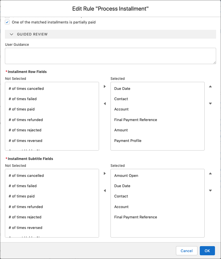 Installment row field configuration