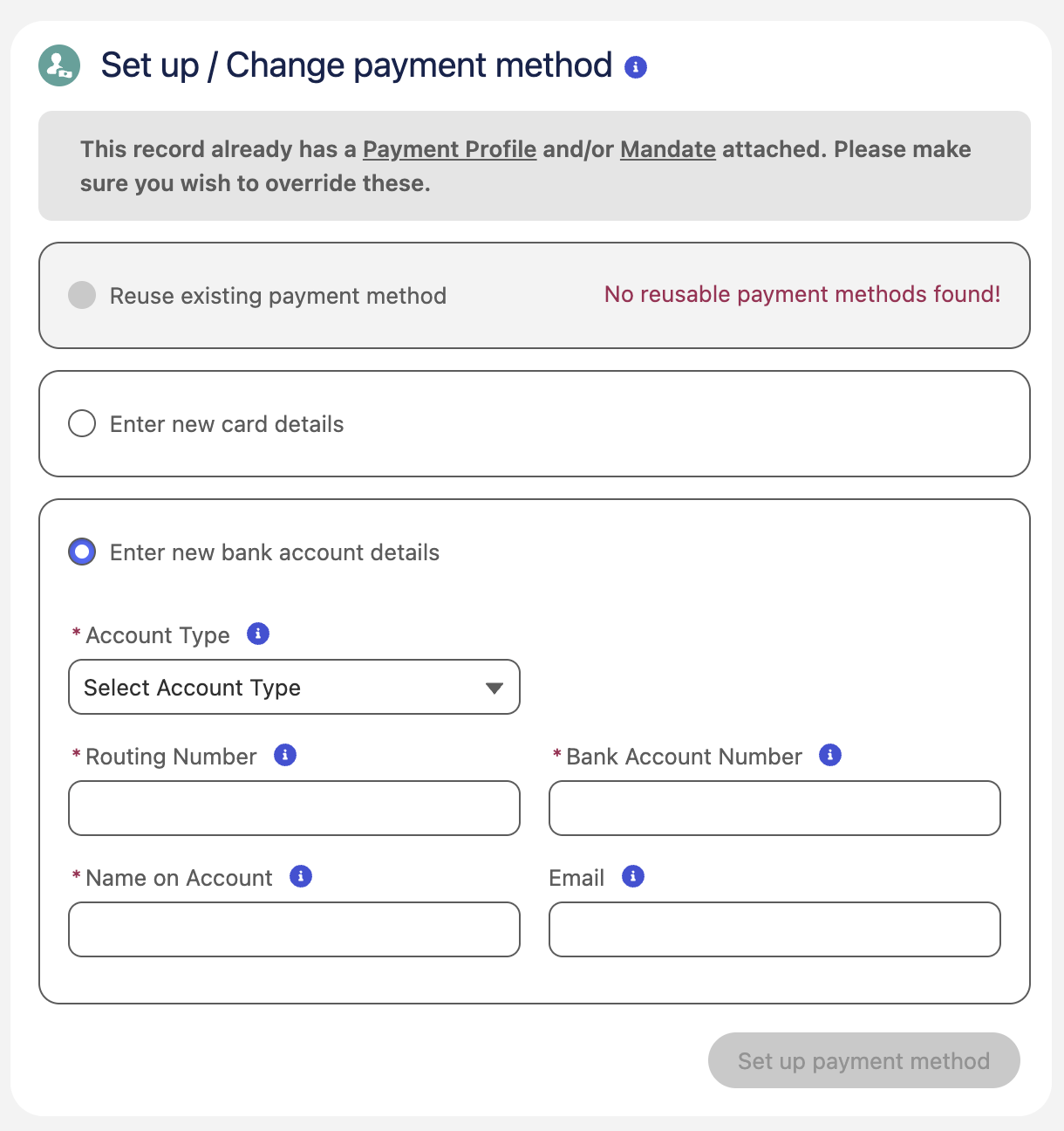 Recurring direct debit payment with MOTO