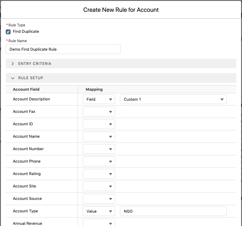 Find Duplicate rule setup mapping