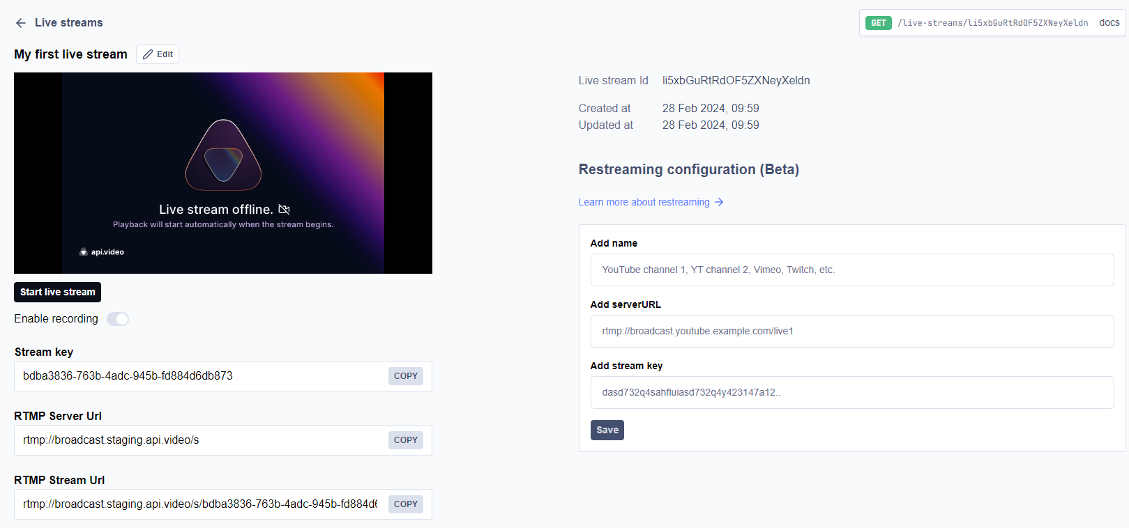 Showing the live stream details