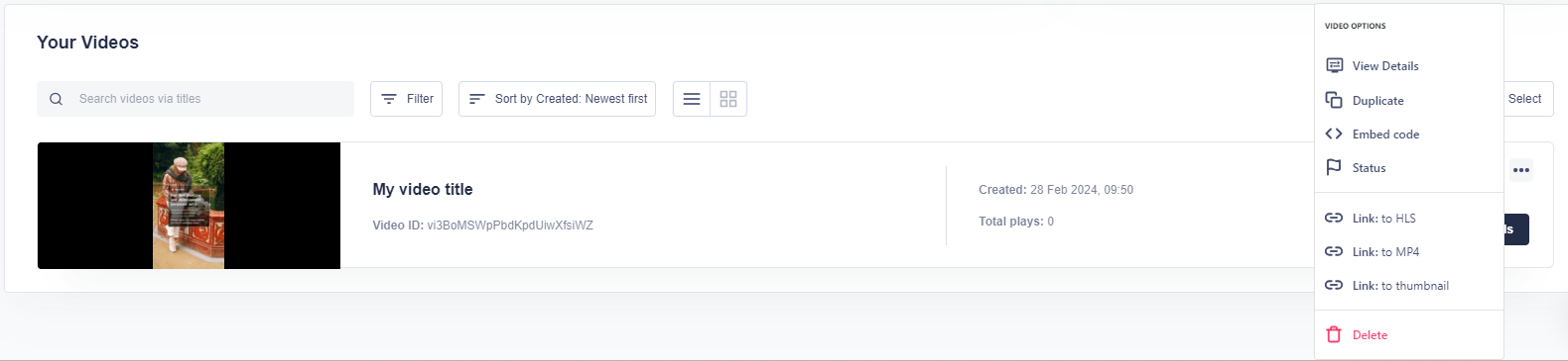 Showing the action panel on the videos list in the Dashboard