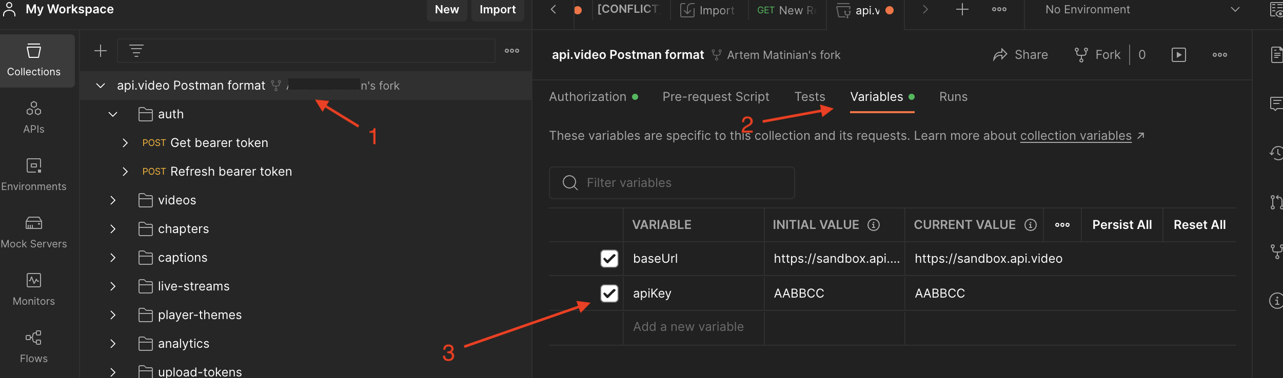Adding api.video API keys as Postman variables