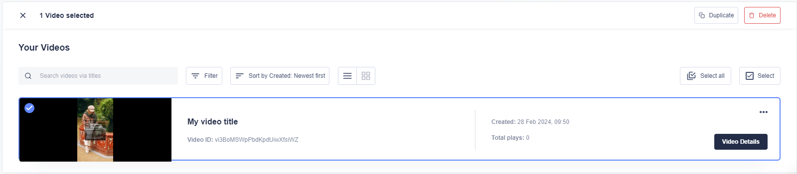 Showing the list of videos in the Dashboard