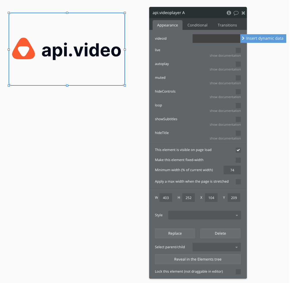 Editing the properties of the api.video player element