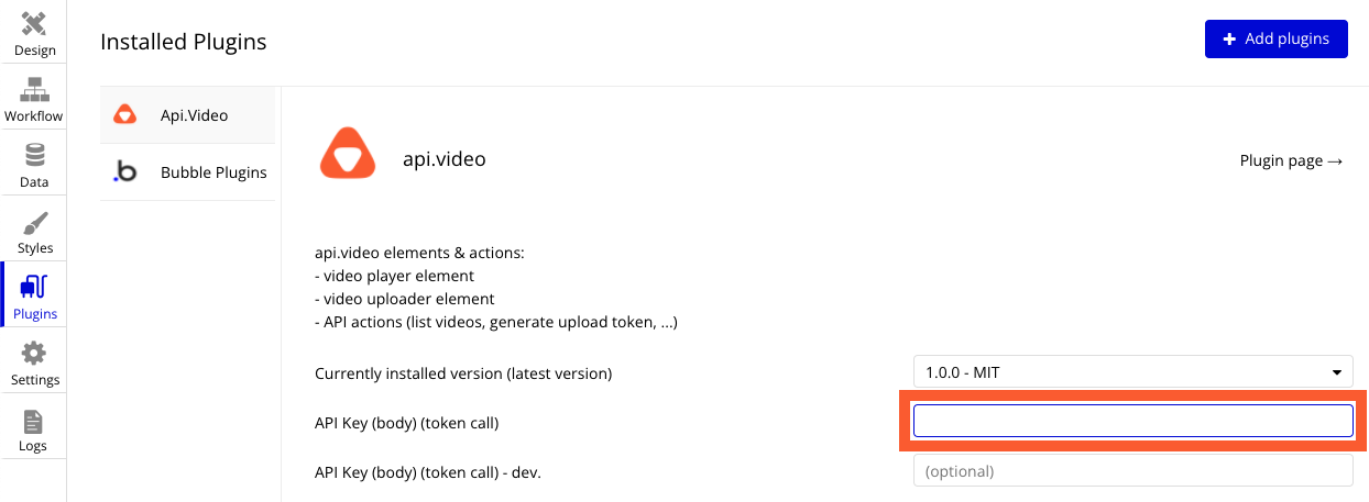 Pasting the api.video API key