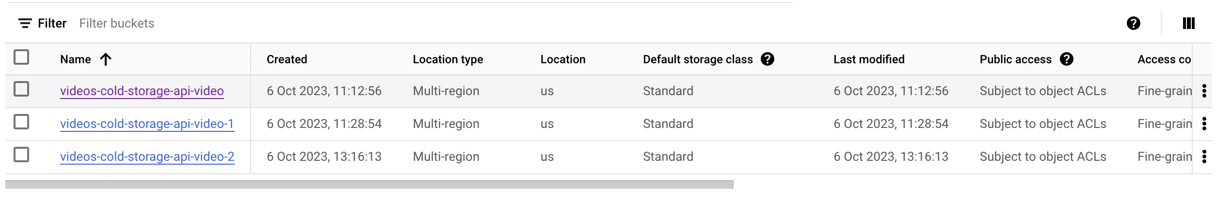 Showing the list of buckets in Google Cloud Storage