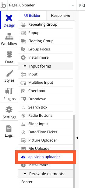 Adding the api.video uploader element