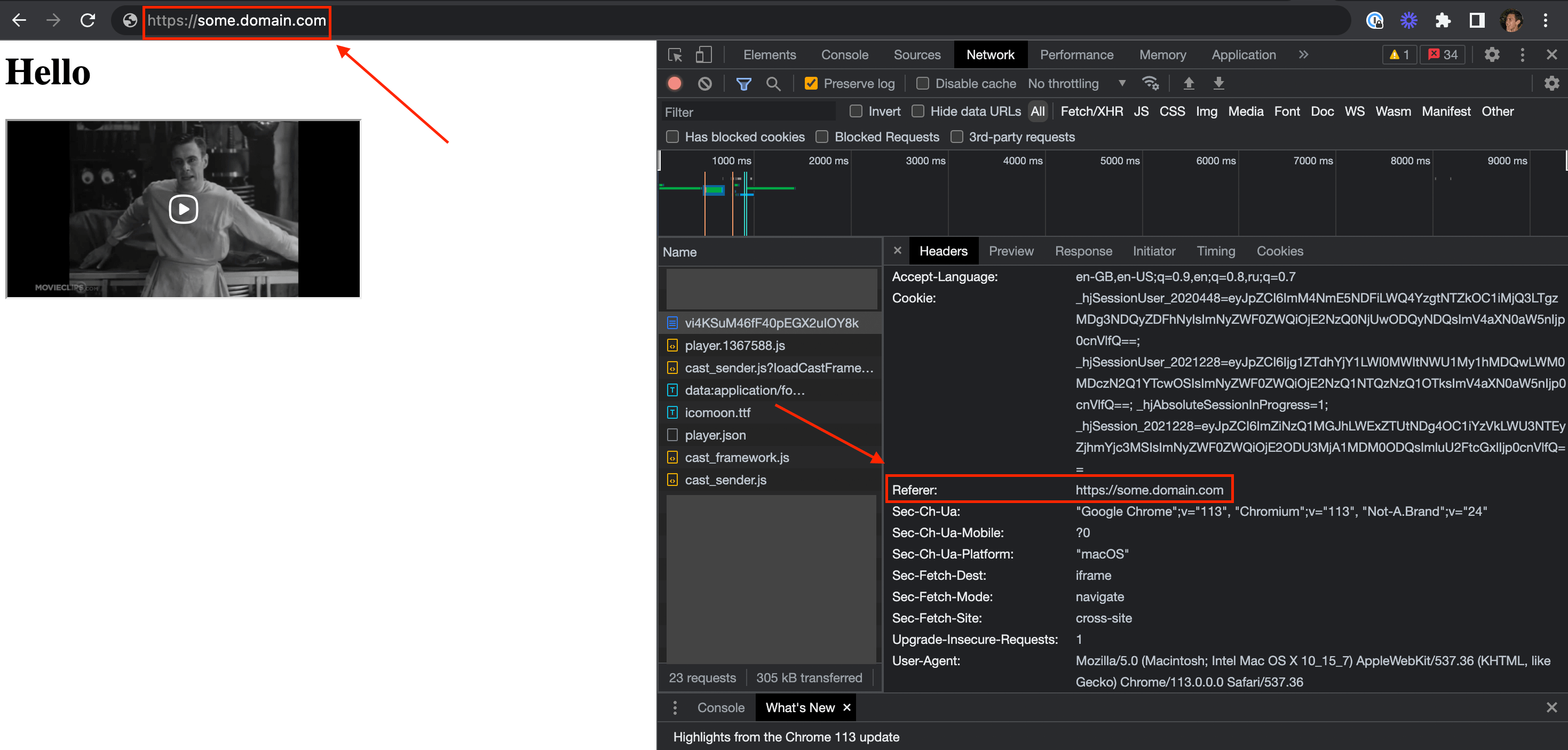 Showing website domain referrer via inspector tool