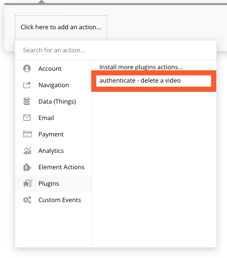 Selecting an api.video plugin action
