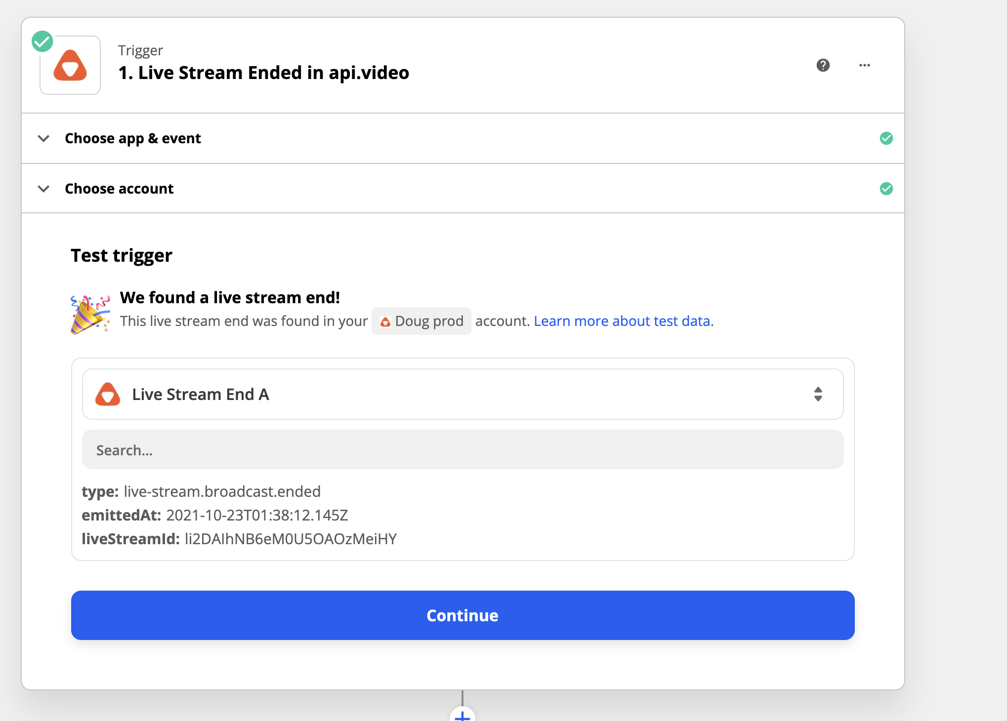 Setting up a Live Stream Ended trigger using the api.video Zapier plugin