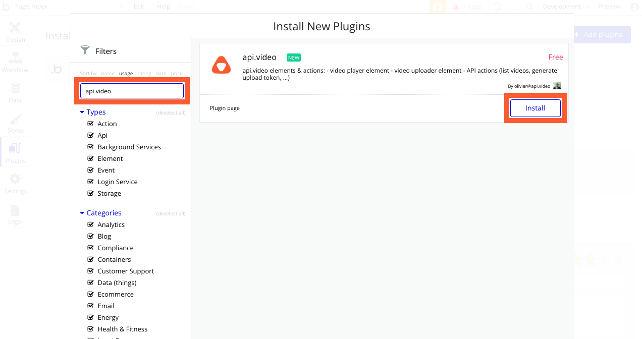 Installing api.video's bubble.io plugin