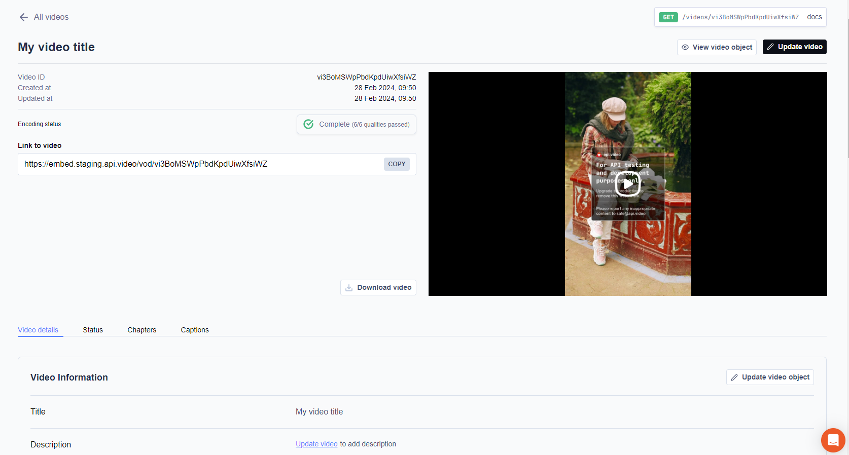 Showing video details on the dashboard