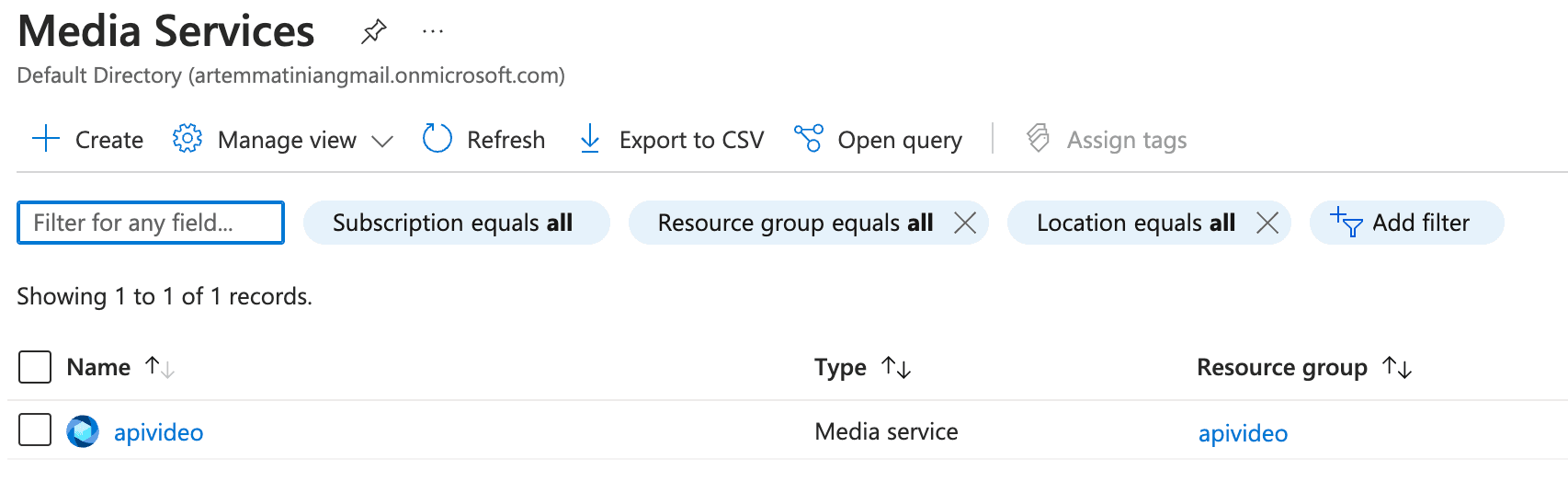 Selecting the api.video media service on Azure