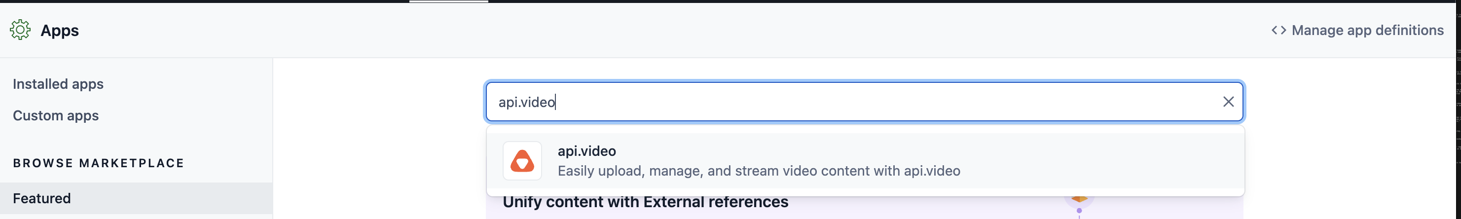 Searching for the api.video plugin on the Contentful Marketplace