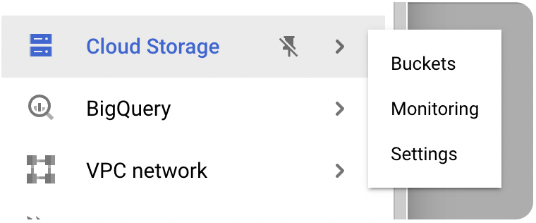 Showing the Buckets menu in Google Cloud Storage