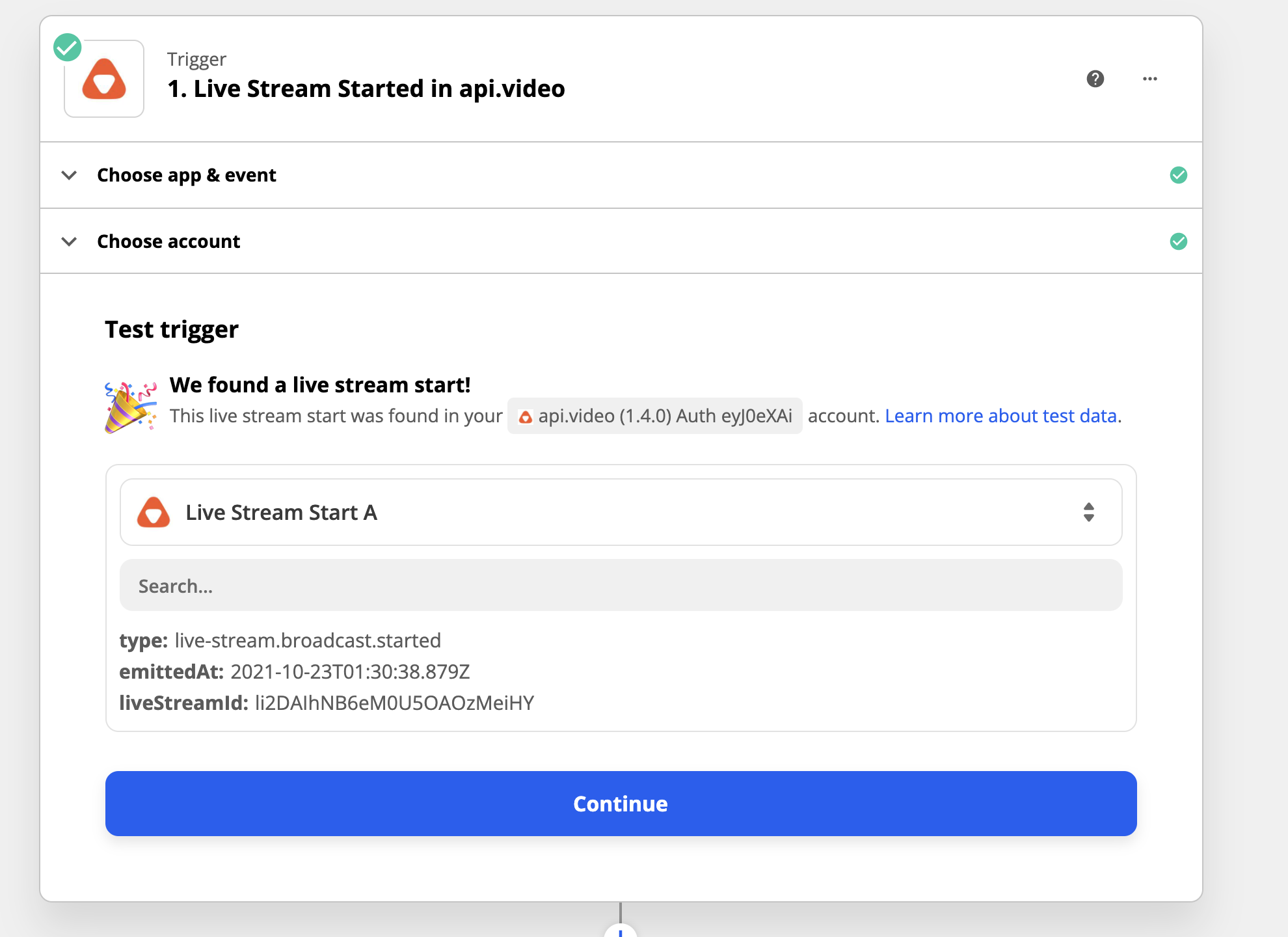 Setting up a Live Stream Started trigger using the api.video Zapier plugin