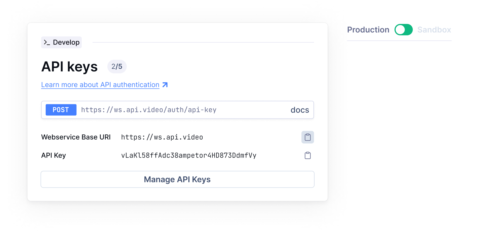 Managing the API keys on the dashboard